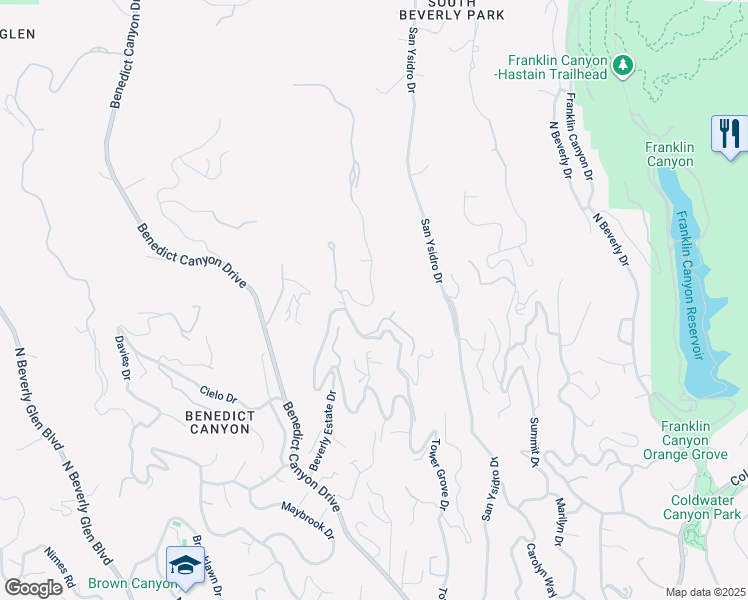 map of restaurants, bars, coffee shops, grocery stores, and more near Tower Grove Drive in Beverly Hills