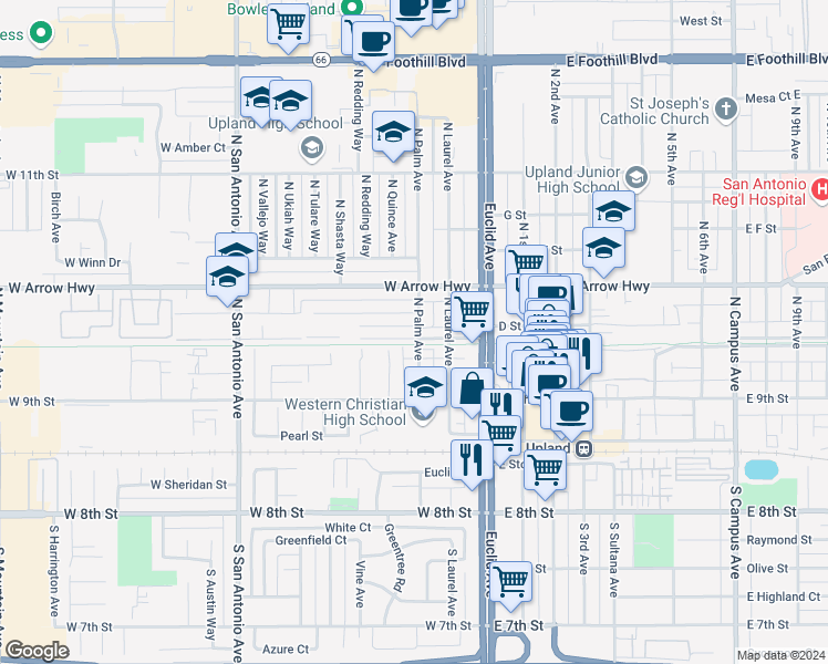 map of restaurants, bars, coffee shops, grocery stores, and more near 227 West Vernon Drive in Upland