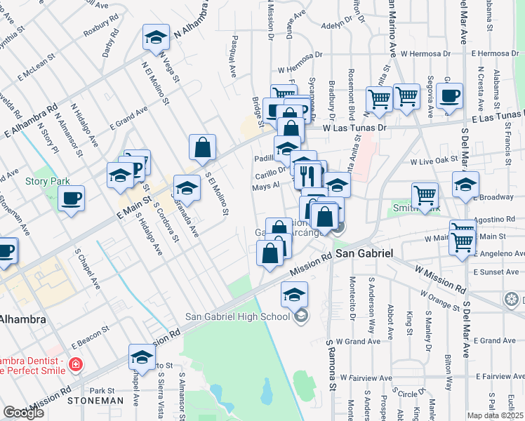map of restaurants, bars, coffee shops, grocery stores, and more near 272 South Arroyo Drive in San Gabriel