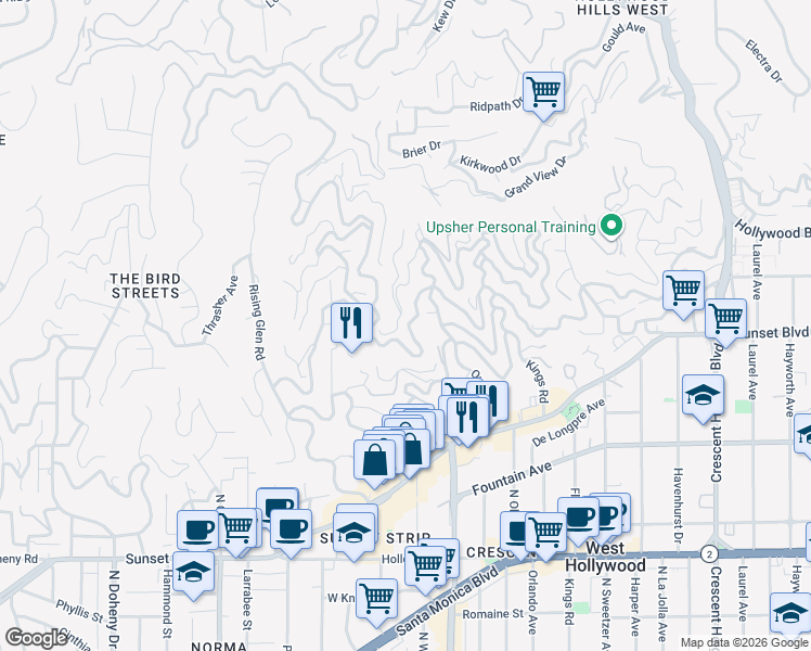 map of restaurants, bars, coffee shops, grocery stores, and more near 8633 Hollywood Boulevard in West Hollywood