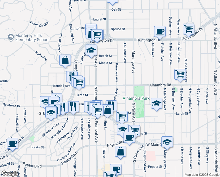 map of restaurants, bars, coffee shops, grocery stores, and more near 2414 Alhambra Road in Alhambra
