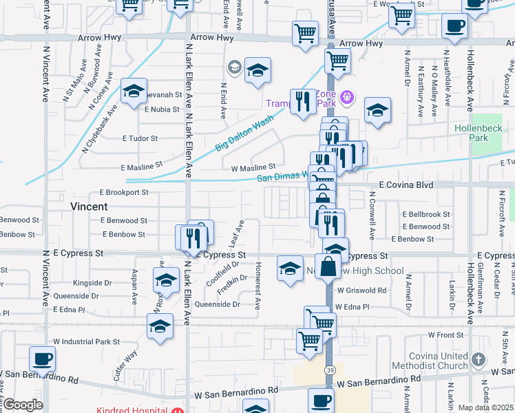 map of restaurants, bars, coffee shops, grocery stores, and more near 1106 West Bellbrook Street in Covina