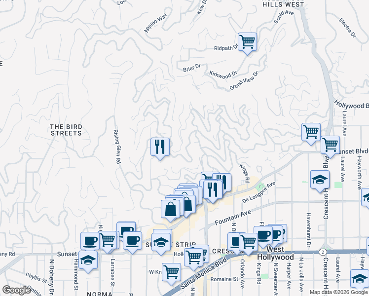 map of restaurants, bars, coffee shops, grocery stores, and more near 8633 Hollywood Boulevard in West Hollywood