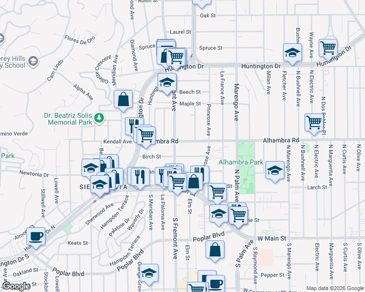 map of restaurants, bars, coffee shops, grocery stores, and more near 2512 Alhambra Road in Alhambra