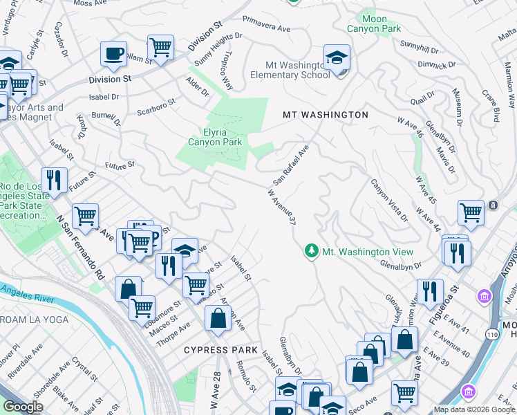 map of restaurants, bars, coffee shops, grocery stores, and more near 3672 Loosmore Street in Los Angeles