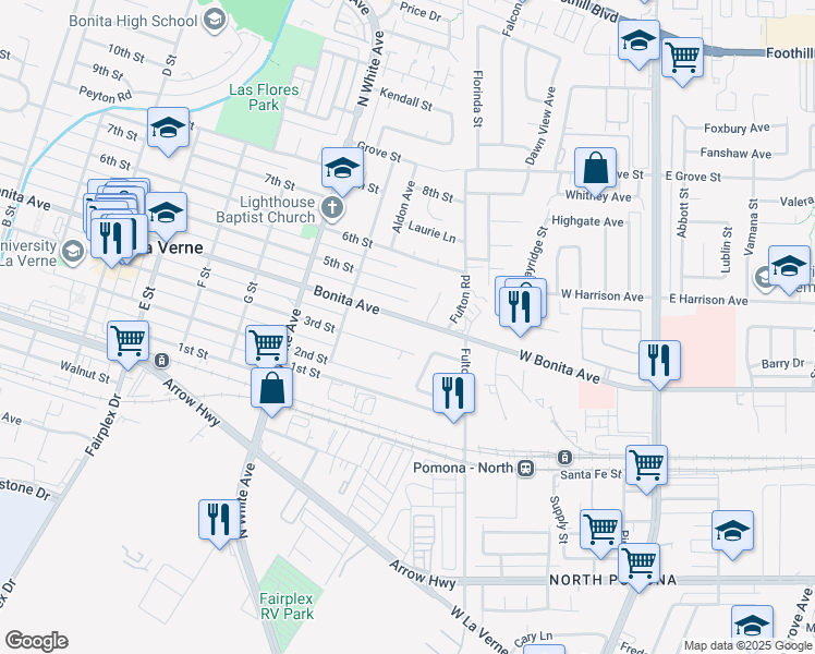 map of restaurants, bars, coffee shops, grocery stores, and more near 2726 Bonita Avenue in La Verne