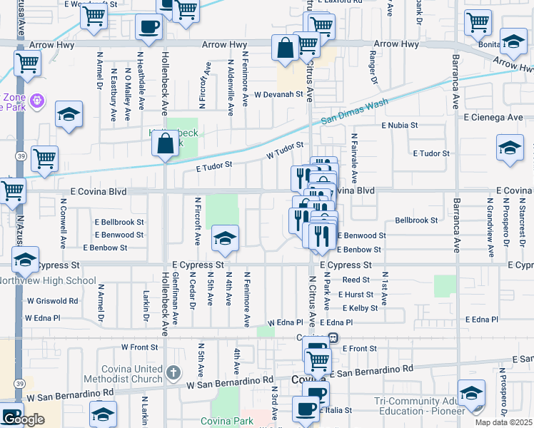 map of restaurants, bars, coffee shops, grocery stores, and more near 18308 East Brookport Street in Covina