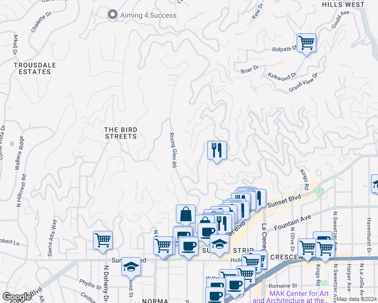 map of restaurants, bars, coffee shops, grocery stores, and more near 1501 Viewsite Terrace in Los Angeles