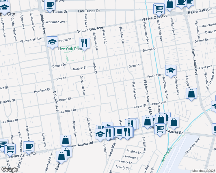 map of restaurants, bars, coffee shops, grocery stores, and more near 5237 Hallowell Avenue in Temple City