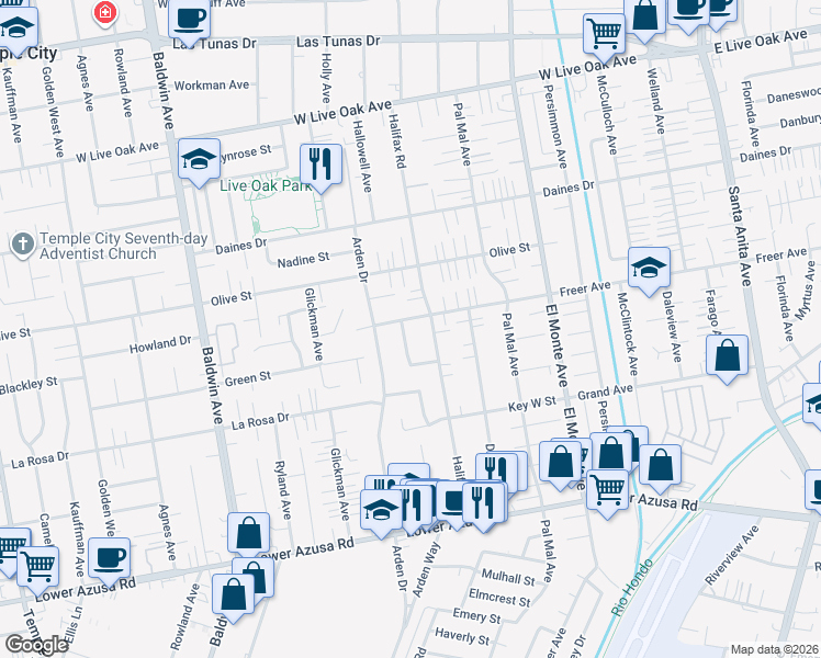 map of restaurants, bars, coffee shops, grocery stores, and more near 5246 Hallowell Avenue in Temple City