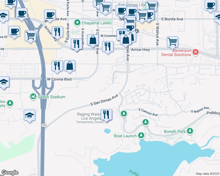 map of restaurants, bars, coffee shops, grocery stores, and more near 362 West Vía Vaquero in San Dimas