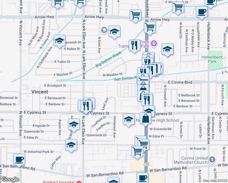 map of restaurants, bars, coffee shops, grocery stores, and more near 1106 West Bellbrook Street in Covina