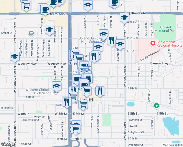map of restaurants, bars, coffee shops, grocery stores, and more near 389 North 3rd Avenue in Upland