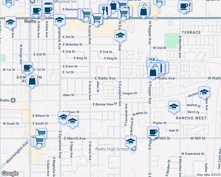 map of restaurants, bars, coffee shops, grocery stores, and more near 160 South Eucalyptus Avenue in Rialto