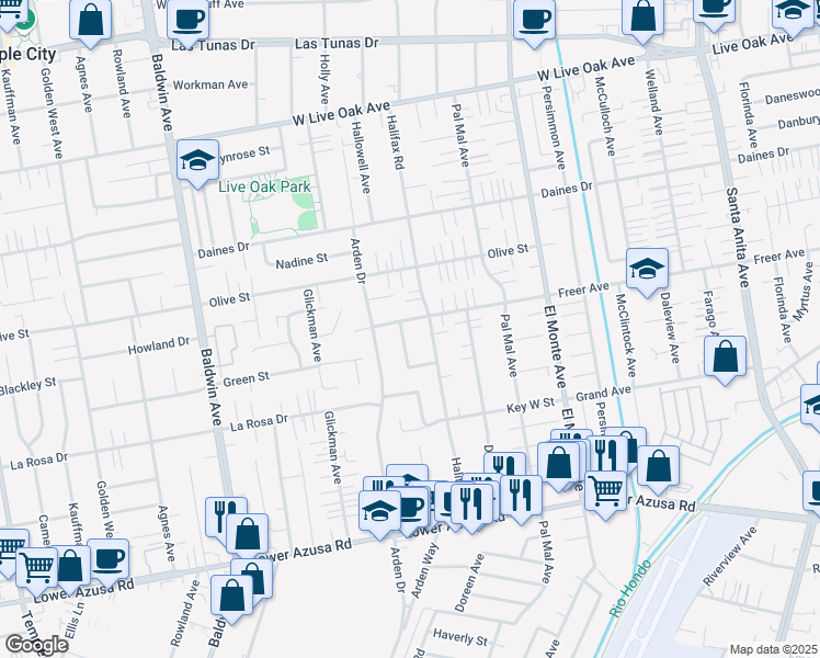 map of restaurants, bars, coffee shops, grocery stores, and more near 5246 Hallowell Avenue in Temple City