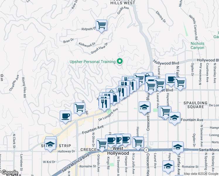map of restaurants, bars, coffee shops, grocery stores, and more near 8376 Hollywood Boulevard in Los Angeles
