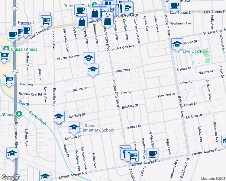 map of restaurants, bars, coffee shops, grocery stores, and more near in Temple City