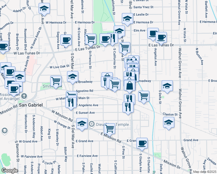 map of restaurants, bars, coffee shops, grocery stores, and more near 403 Agostino Road in San Gabriel