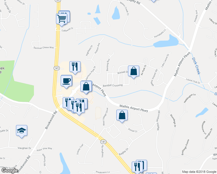 map of restaurants, bars, coffee shops, grocery stores, and more near 3020 Bentbill Crossing in Cumming