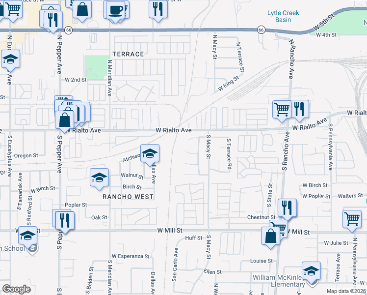 map of restaurants, bars, coffee shops, grocery stores, and more near 2395 Oregon Street in San Bernardino