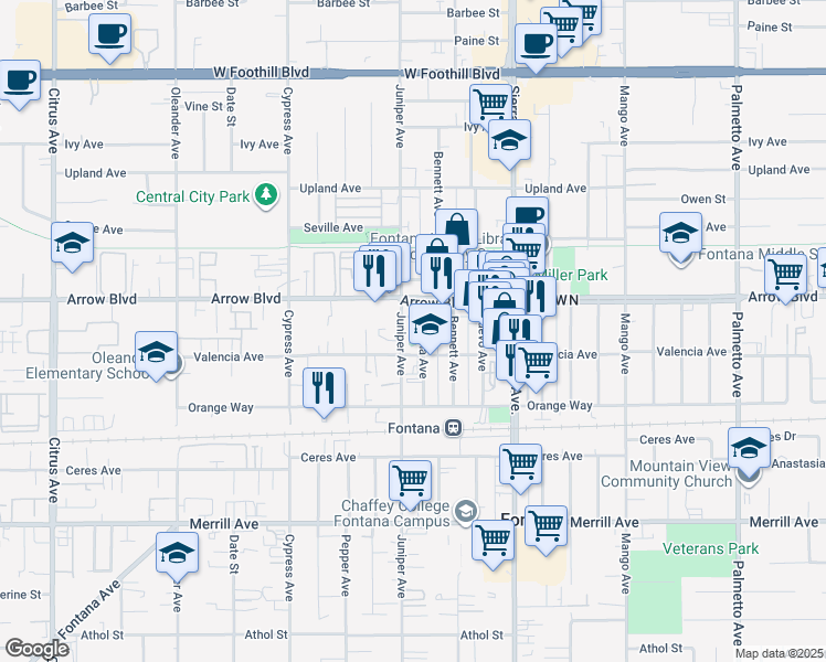 map of restaurants, bars, coffee shops, grocery stores, and more near 8557 Juniper Avenue in Fontana