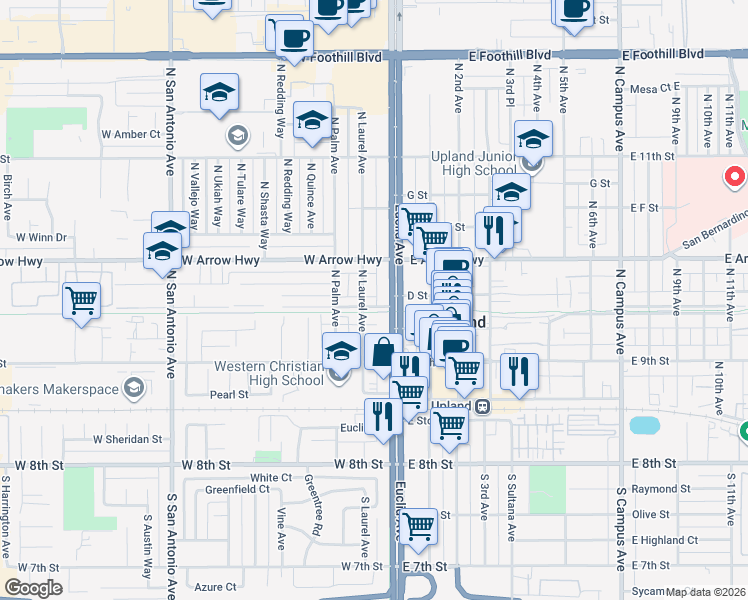 map of restaurants, bars, coffee shops, grocery stores, and more near 93 West Vernon Drive in Upland