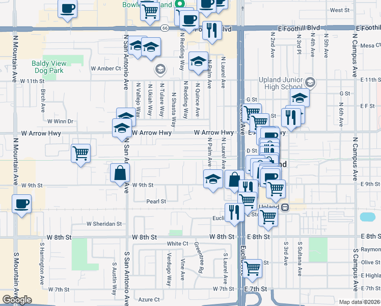 map of restaurants, bars, coffee shops, grocery stores, and more near 343 West Vernon Drive in Upland