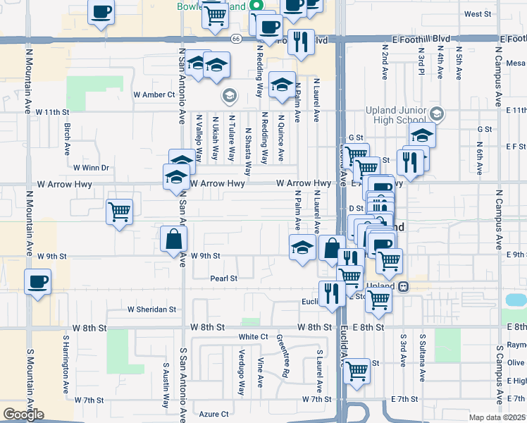 map of restaurants, bars, coffee shops, grocery stores, and more near 343 West Vernon Drive in Upland