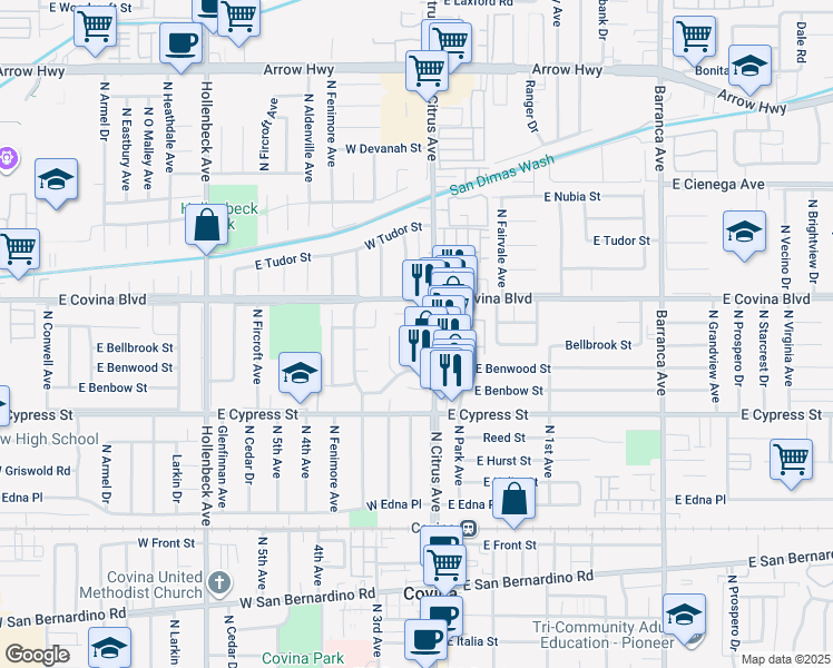 map of restaurants, bars, coffee shops, grocery stores, and more near 1028 Chandler Drive in Covina