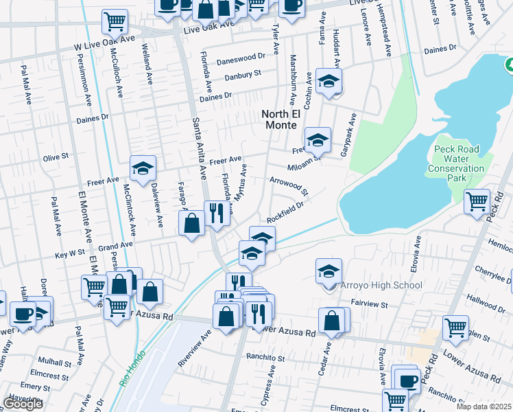 map of restaurants, bars, coffee shops, grocery stores, and more near 11131 West Hondo Parkway in Temple City