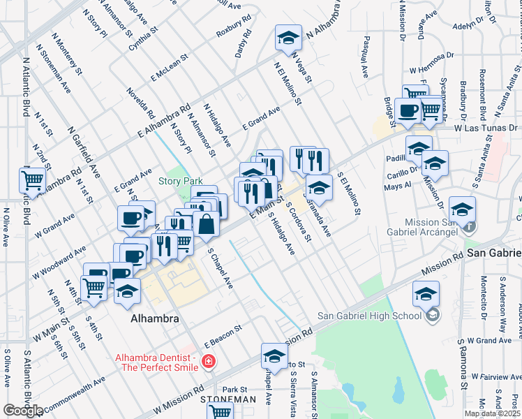 map of restaurants, bars, coffee shops, grocery stores, and more near 620 East Main Street in Alhambra