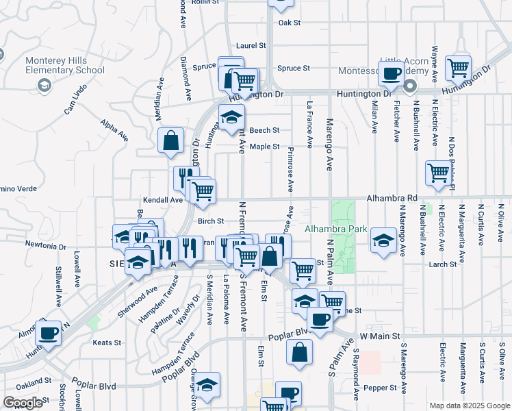 map of restaurants, bars, coffee shops, grocery stores, and more near 210 North Fremont Avenue in Alhambra