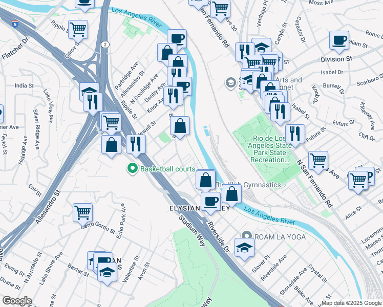 map of restaurants, bars, coffee shops, grocery stores, and more near 1839 Blake Avenue in Los Angeles
