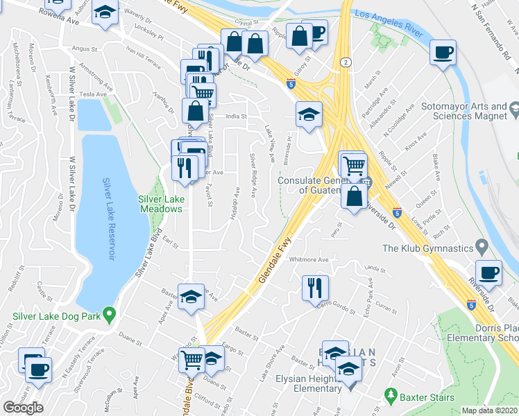 map of restaurants, bars, coffee shops, grocery stores, and more near 2314 Silver Ridge Way in Los Angeles