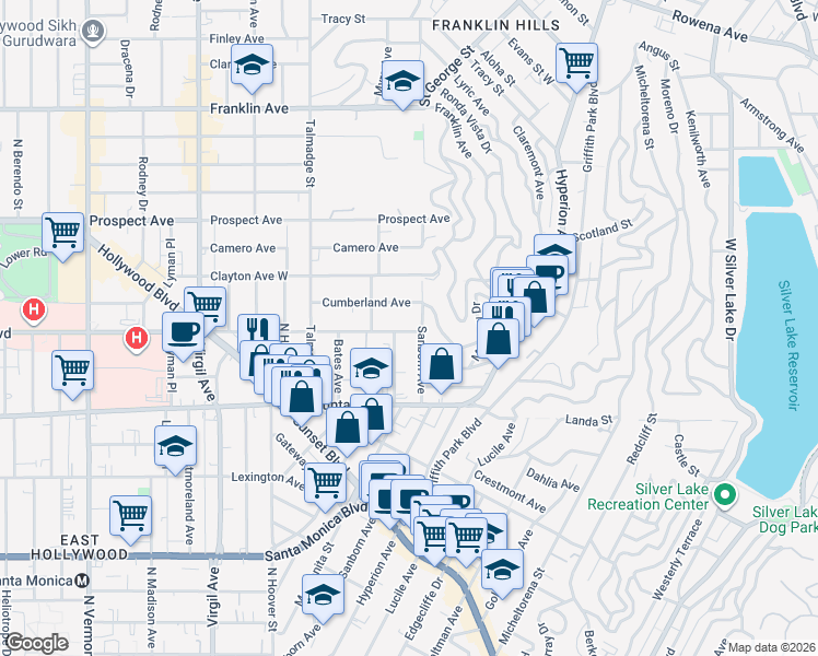map of restaurants, bars, coffee shops, grocery stores, and more near 1442 Manzanita Street in Los Angeles