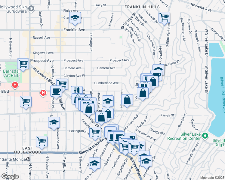 map of restaurants, bars, coffee shops, grocery stores, and more near 1442 Manzanita Street in Los Angeles