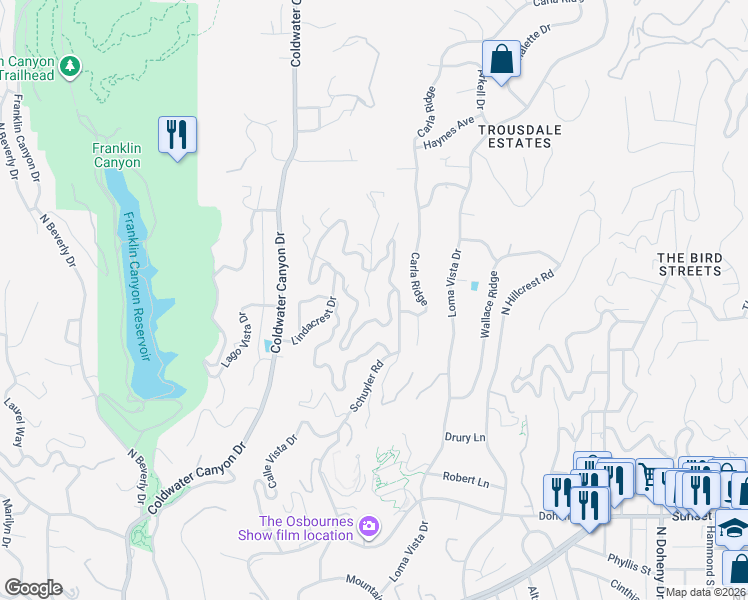 map of restaurants, bars, coffee shops, grocery stores, and more near 1501 Gilcrest Drive in Beverly Hills