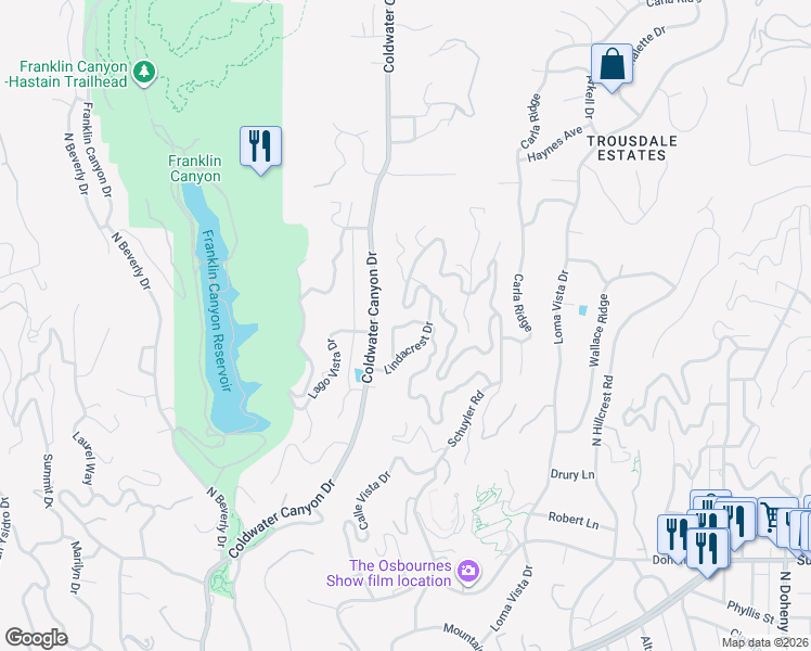 map of restaurants, bars, coffee shops, grocery stores, and more near Meadow Drive in Los Angeles