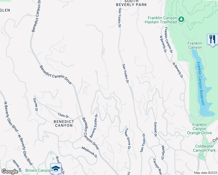 map of restaurants, bars, coffee shops, grocery stores, and more near Tower Grove Drive in Beverly Hills