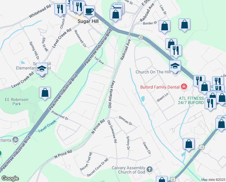 map of restaurants, bars, coffee shops, grocery stores, and more near 1177 Old Atlanta Highway in Buford