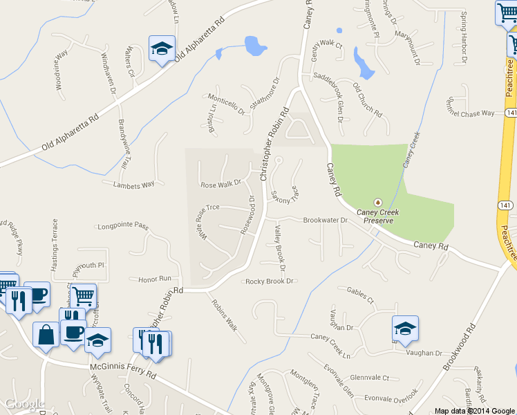 map of restaurants, bars, coffee shops, grocery stores, and more near 2300 Brookwater Drive in Alpharetta