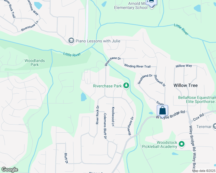 map of restaurants, bars, coffee shops, grocery stores, and more near 162 Riverchase Drive in Woodstock