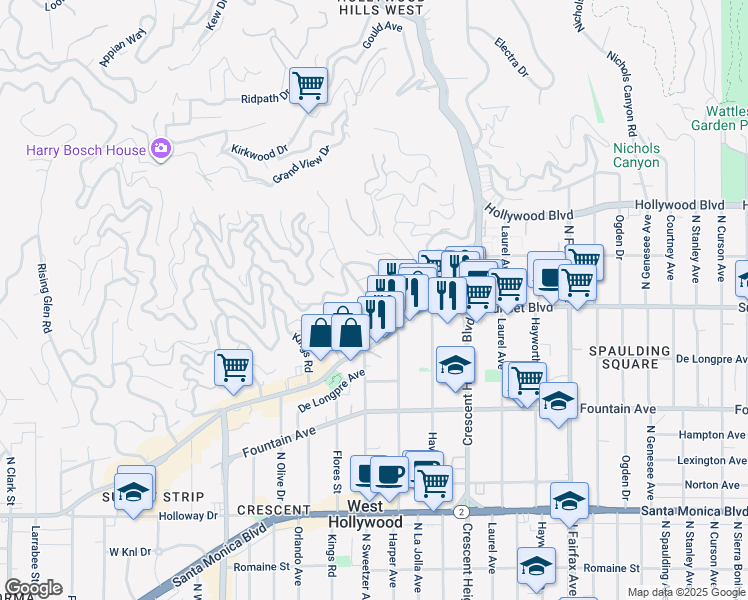map of restaurants, bars, coffee shops, grocery stores, and more near 8272 Marmont Lane in Los Angeles