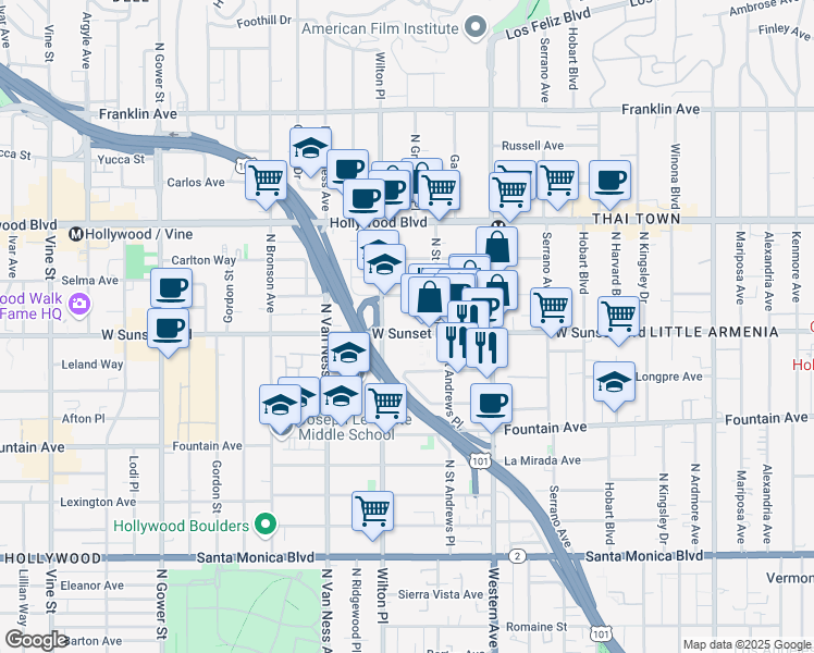 map of restaurants, bars, coffee shops, grocery stores, and more near 5625 Sunset Boulevard in Los Angeles