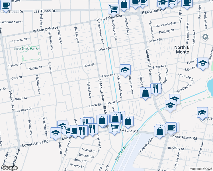 map of restaurants, bars, coffee shops, grocery stores, and more near 5114 Persimmon Avenue in Temple City