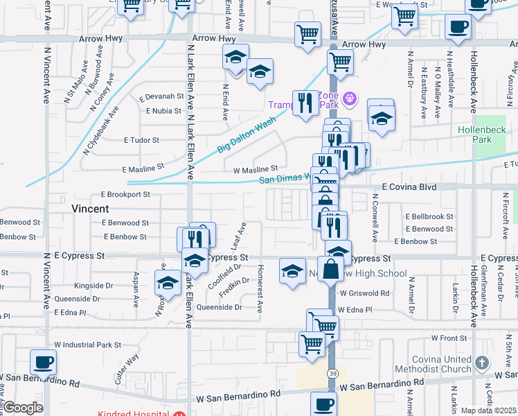 map of restaurants, bars, coffee shops, grocery stores, and more near 1106 West Bellbrook Street in Covina