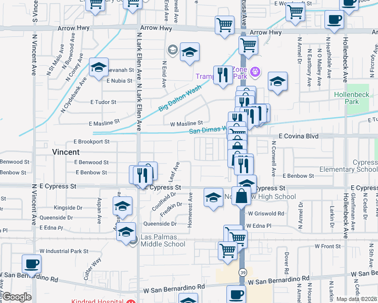 map of restaurants, bars, coffee shops, grocery stores, and more near 1106 West Bellbrook Street in Covina