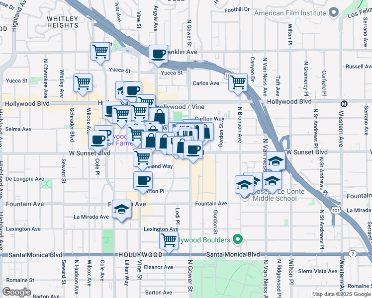 map of restaurants, bars, coffee shops, grocery stores, and more near in Los Angeles
