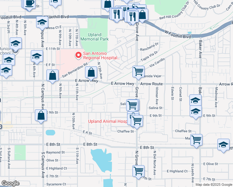 map of restaurants, bars, coffee shops, grocery stores, and more near 327 North 14th Avenue in Upland