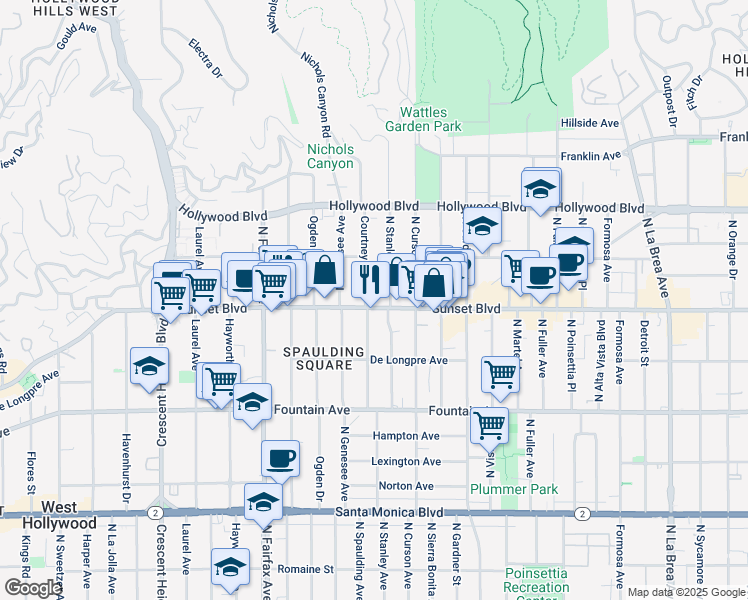 map of restaurants, bars, coffee shops, grocery stores, and more near 7700 Sunset Boulevard in Los Angeles